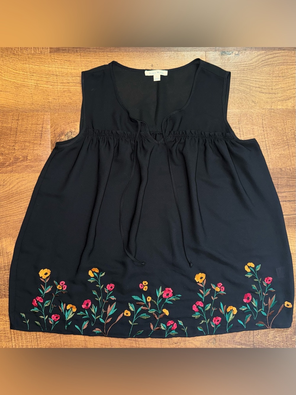 Studio Works Black Sleeveless Tie-Front Tank with Floral Embroidery